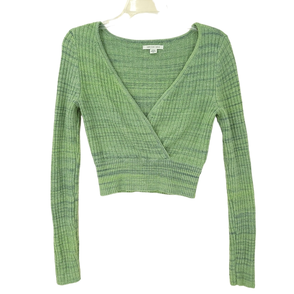 American Eagle Faux Wrap Cropped Ribbed Long Sleeve Sweater Sz M